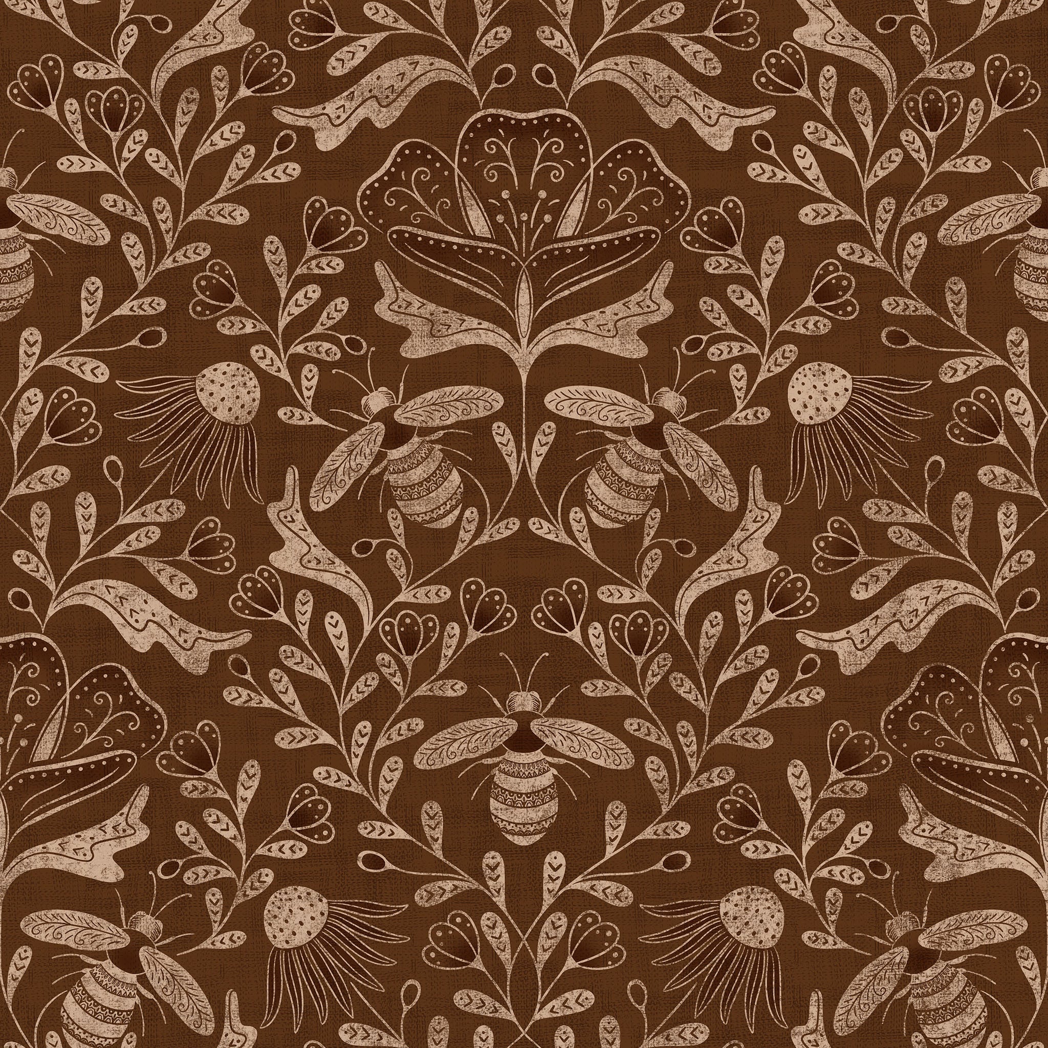 Decorative pattern with bees and floral elements on a brown background